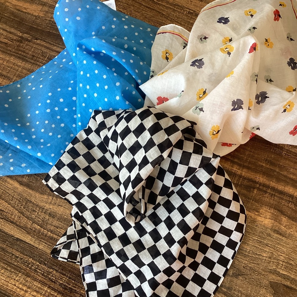 Madewell Blue Polka Dot, Black & White Check and Floral Scarf Set